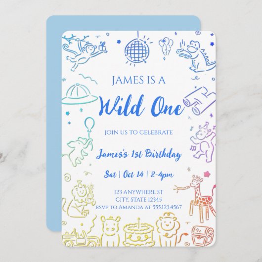 ドードルお洒落パーティー動物1歳の誕生日 招待状 (正面/裏面)