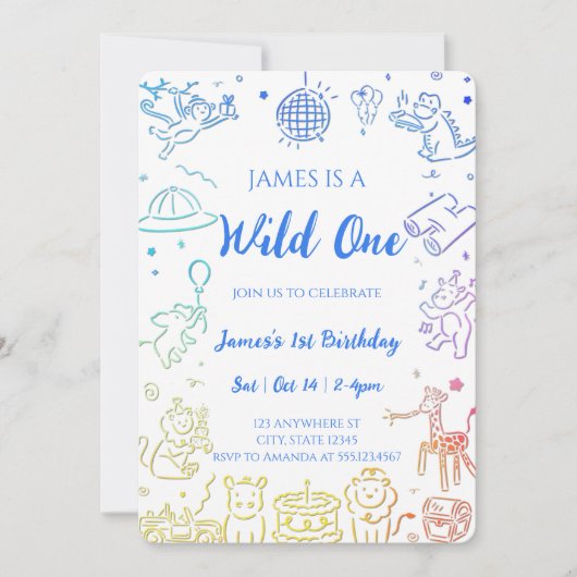 ドードルお洒落パーティー動物1歳の誕生日 招待状 (正面)