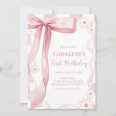 ドードルお洒落ピンクボウファースト誕生日 招待状 (正面)
