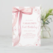 ドードルお洒落ピンクボウファースト誕生日 招待状 (スタンド正面)