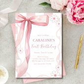 ドードルお洒落ピンクボウファースト誕生日 招待状