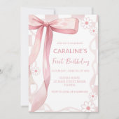 ドードルお洒落ピンクボウファースト誕生日 招待状 (正面)
