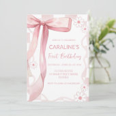 ドードルお洒落ピンクボウファースト誕生日 招待状 (スタンド正面)