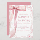ドードルお洒落ピンクボウファースト誕生日 招待状 (正面/裏面)