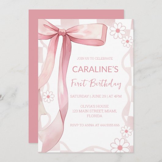 ドードルお洒落ピンクボウファースト誕生日 招待状 (正面/裏面)