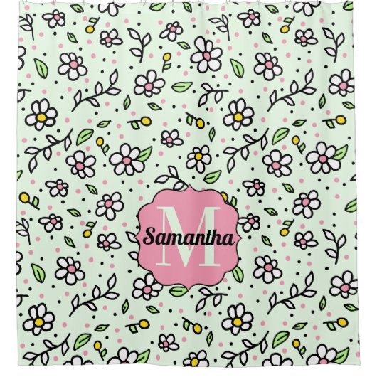 ドードルかわいらしデイジー花可愛い柄モノグラム シャワーカーテン (正面)