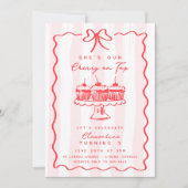 ドードルさくらんぼカップケーキピンクボウ誕生日パーティー 招待状 (正面)