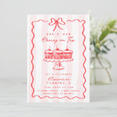 ドードルさくらんぼカップケーキピンクボウ誕生日パーティー 招待状 (スタンド正面)