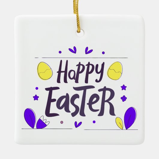 ドードルに囲まよくはしゃぐれたハッピーイースター セラミックオーナメント (正面)