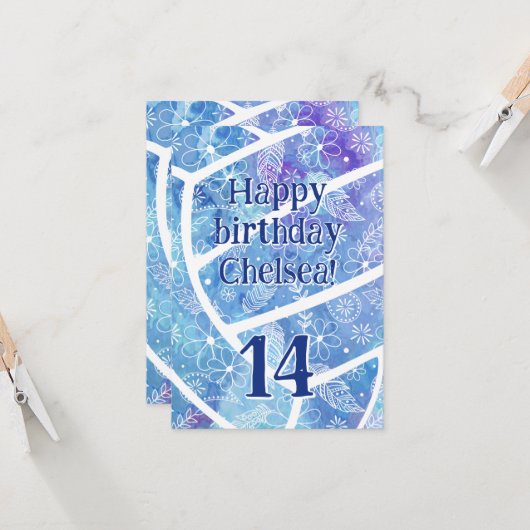 ドードルの花は青バレーボールの誕生日を羽毛 カード (正面/裏面インサイチュ)