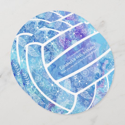 ドードルの花は、青いバレーボールのパーティーを羽毛 招待状 (正面/裏面)