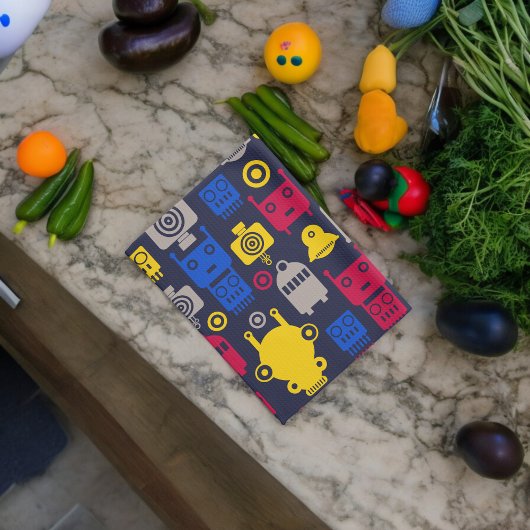 ドードルエイリアン宇宙船とロボットパターン キッチンタオル