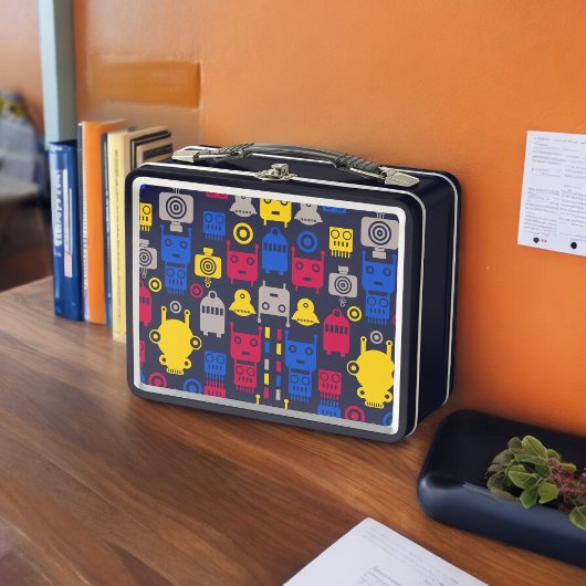 ドードルエイリアン宇宙船とロボットパターン メタルランチボックス