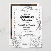 ドードルエレガントスタイル手描き双生卒業 招待状 (正面/裏面)