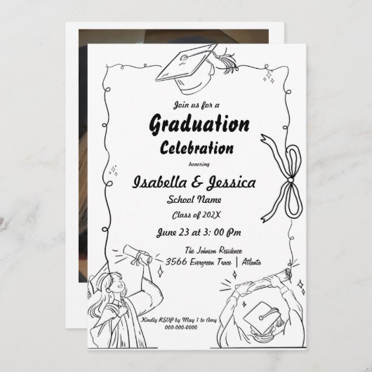 ドードルエレガントスタイル手描き双生卒業 招待状 (正面/裏面)