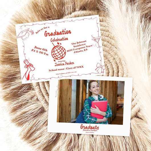 ドードルスタイルハンドドロー卒業招待状 招待状