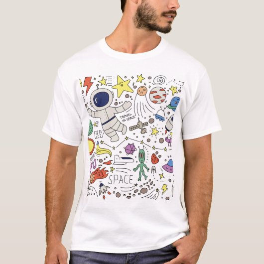 ドードルスタイル、宇宙テーマイラストレーション。 Tシャツ (正面)