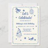 ドードルハンドドロッドブルーボウディスコボール誕生日 招待状 (正面)