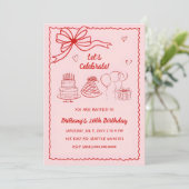 ドードルハンドドローピンクレッドコケットボウ誕生日 招待状 (スタンド正面)