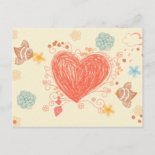 ドードルハートと鳥の幸せな母親の日はがき インビテーションポストカード (正面)