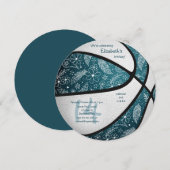 ドードルパターンガールズティール（緑がかった色）バスケットボール誕生日 案内状 (正面/裏面)