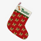 ドードルパーソナライズされたドッグレッドグリーンタン ラージクリスマスストッキング (正面 (吊り時))