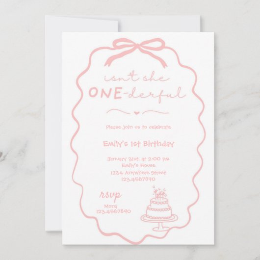 ドードルピンクボウベビーガール1stバースデーコケット 招待状 (正面)