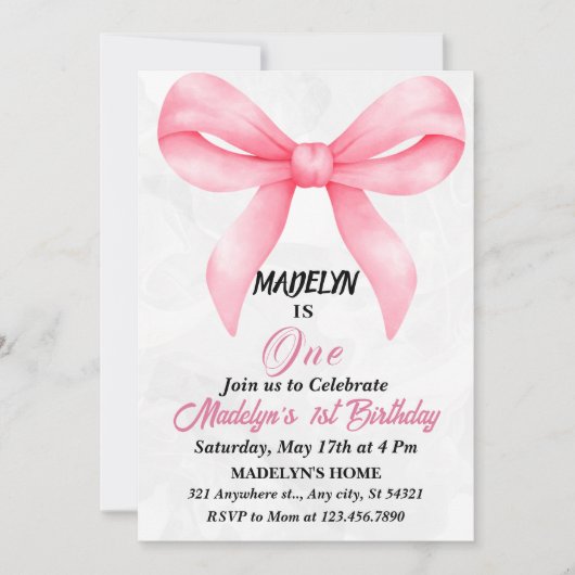 ドードルピンクボウ赤ちゃん女の子1st誕生日 招待状 (正面)