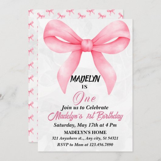 ドードルピンクボウ赤ちゃん女の子1st誕生日 招待状 (正面/裏面)