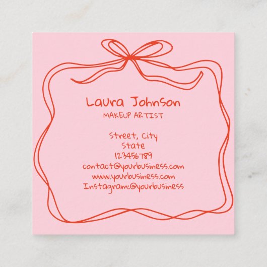 ドードルモダンメお洒落ークアーティスト赤ピンクボウ スクエア名刺 (裏面)