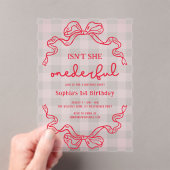 ドードルレッドとピンクボウ赤ちゃん女の子1st誕生日 アクリル招待状 (インサイチュ (ポータブル))