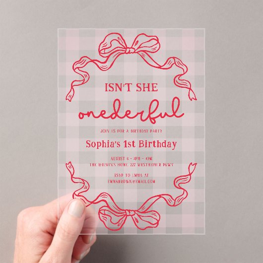 ドードルレッドとピンクボウ赤ちゃん女の子1st誕生日 アクリル招待状 (インサイチュ (ポータブル))
