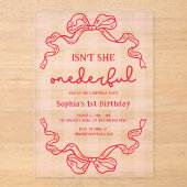 ドードルレッドとピンクボウ赤ちゃん女の子1st誕生日 アクリル招待状 (正面)