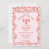 ドードルレッドピンクボウさくらんぼオントップガール誕生日 招待状 (正面)