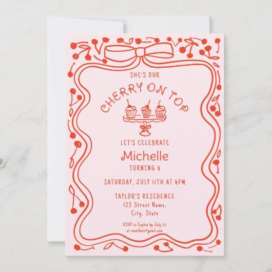ドードルレッドピンクボウさくらんぼオントップガール誕生日 招待状 (正面)