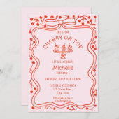 ドードルレッドピンクボウさくらんぼオントップガール誕生日 招待状 (正面/裏面)