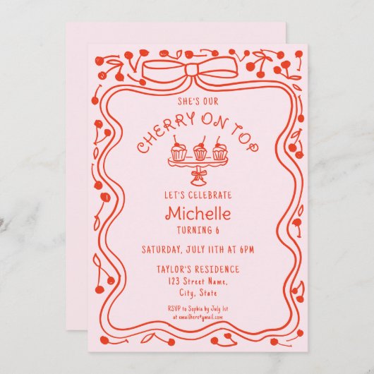 ドードルレッドピンクボウさくらんぼオントップガール誕生日 招待状 (正面/裏面)