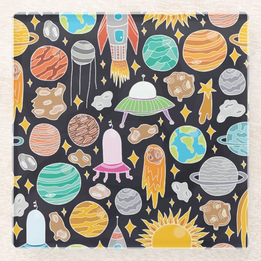 ドードル宇宙:手描きヴィンテージコスモス。 ガラスコースター (正面)
