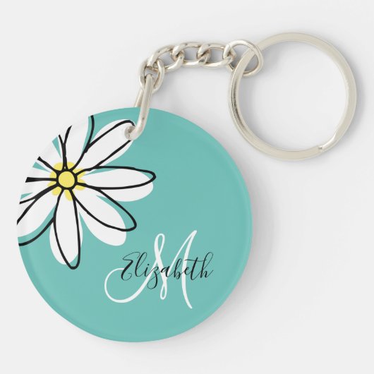 ドードル描デイジーホワイトピンクモノグラムかわいい キーホルダー (裏面)