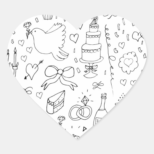ドードル結婚イラストズイン白黒 ハートシール (正面)
