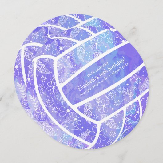 ドードル花柄パープルバレーボール誕生日 招待状 (正面/裏面)