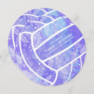 ドードル花柄パープルバレーボール誕生日 招待状