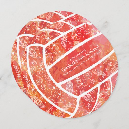 ドードル花柄レッドオレンジバレーボールパーティー 招待状 (正面/裏面)