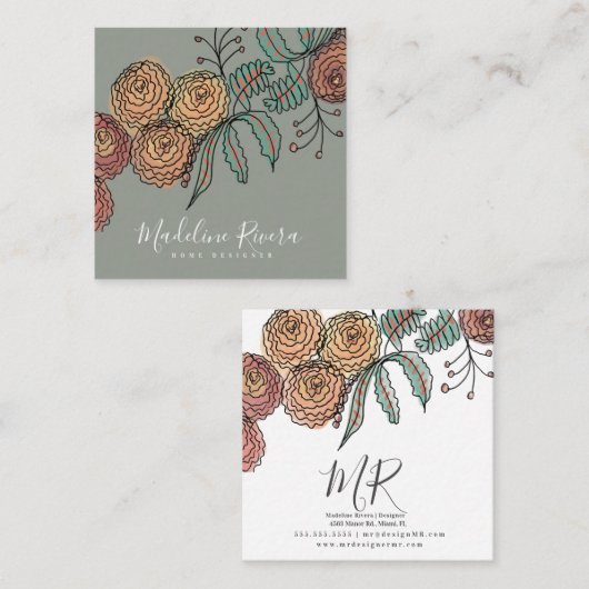 ドードル花模様リーススパイググリーナリーデザイナー スクエア名刺 (正面/裏面)