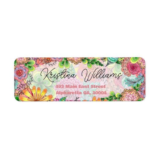 ドードル鮮やかカラフル花模様差出人住所 ラベル (正面)