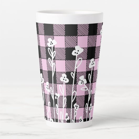 ドードーエレガントルドブラックピンクフローラプレイドパターン カフェラテマグ (正面)