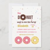 ドーナッカラフルトをテーマにした子供の誕生日パーティー 招待状 (正面)