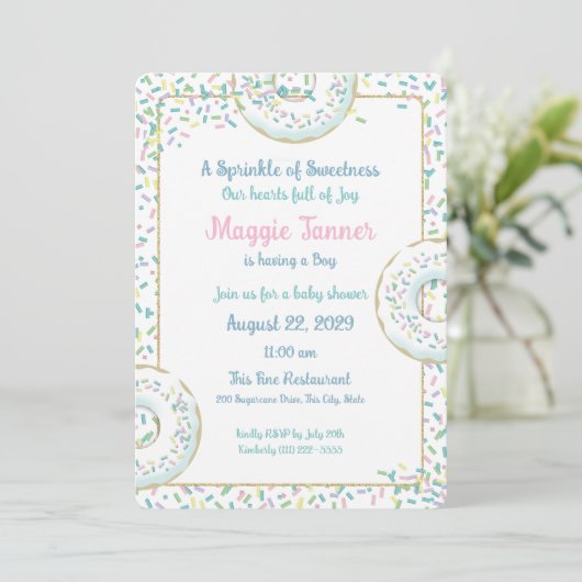 ドーナッツとキャンディスプリンクル男の赤ちゃんシャワー 招待状 (スタンド正面)