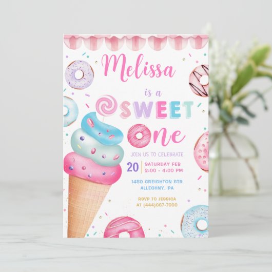 ドーナッツアイスクリームスウィートワン誕生日招待状 招待状 (スタンド正面)