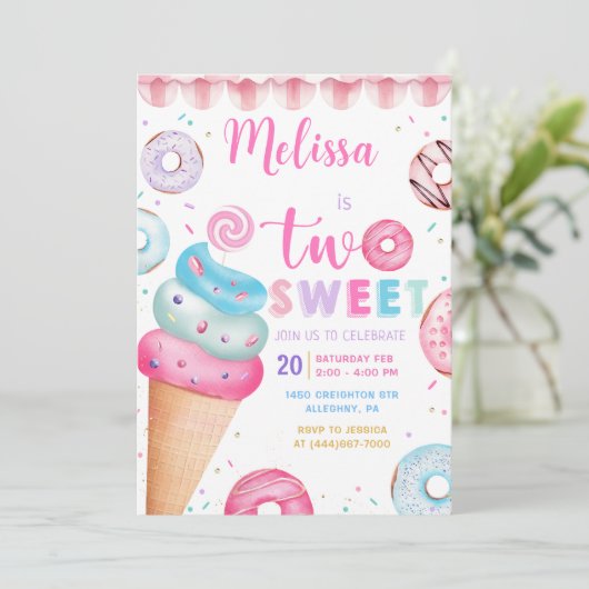 ドーナッツアイスクリームツスウィートセカンドバースデー招待状 招待状 (スタンド正面)